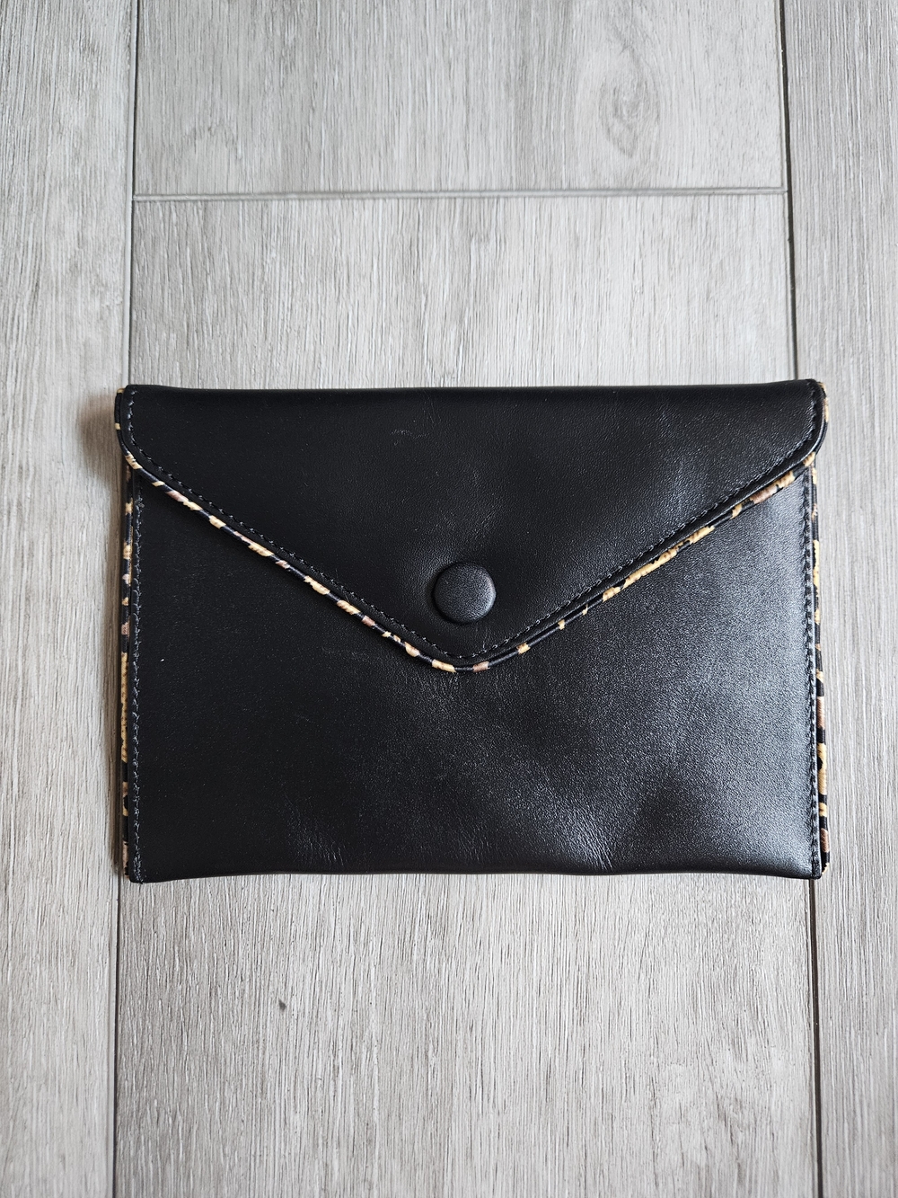 Chico's Black Envelope Clutch with Subtle Leopard-Trim